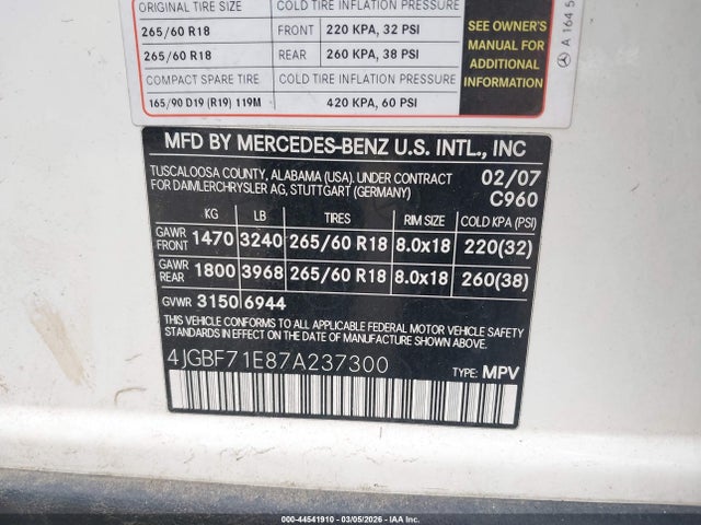 Продажа на аукционе авто 2007 Mercedes-benz Gl 450 4matic, vin: 4JGBF71E87A237300, номер лота: 44541910