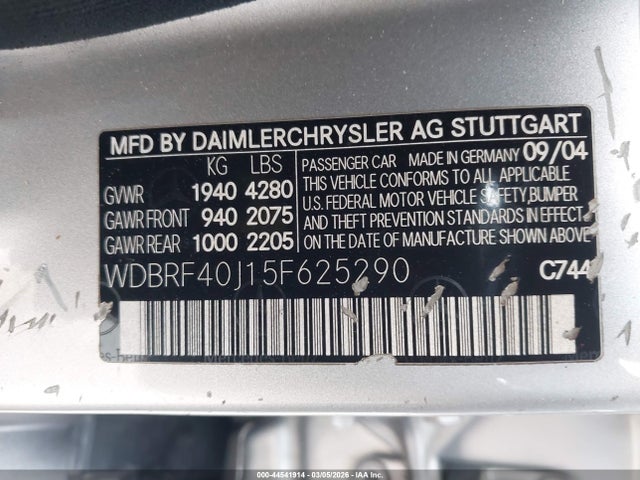 44541914 :رقم المزاد ، WDBRF40J15F625290 vin ، 2005 Mercedes-benz C 230 Kompressor Sport مزاد بيع