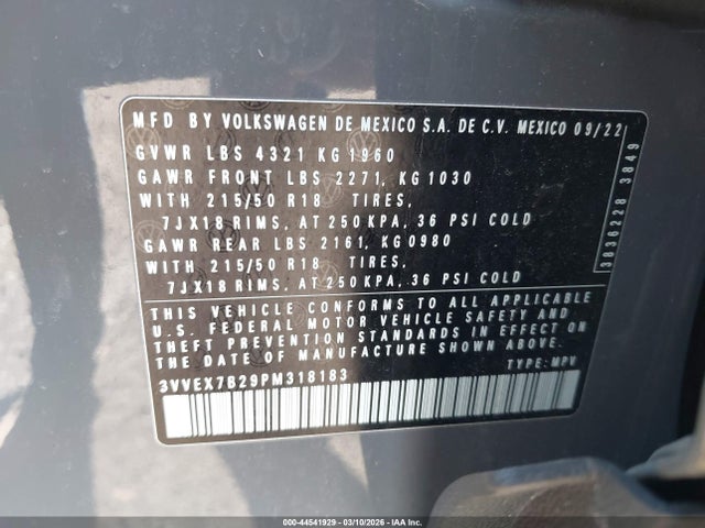 Продаж на аукціоні авто 2023 Volkswagen Taos 1.5t Se, vin: 3VVEX7B29PM318183, номер лоту: 44541929