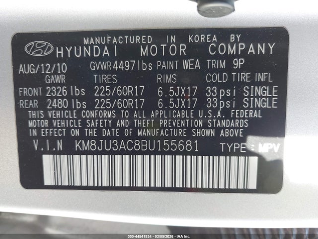 Aukcja sprzedaży 2011 Hyundai Tucson Gls, vin: KM8JU3AC8BU155681, numer aukcji: 44541934