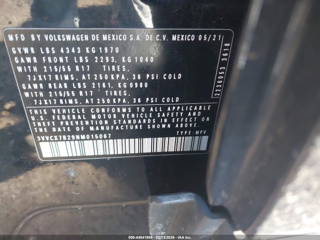 Aukcja sprzedaży 2022 Volkswagen Taos 1.5t S, vin: 3VVCX7B29NM015067, numer aukcji: 44541989
