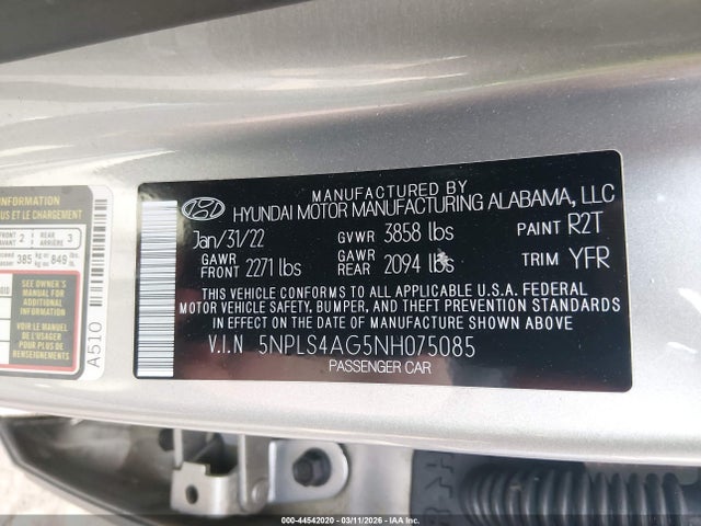 44542020 :رقم المزاد ، 5NPLS4AG5NH075085 vin ، 2022 Hyundai Elantra Sel مزاد بيع