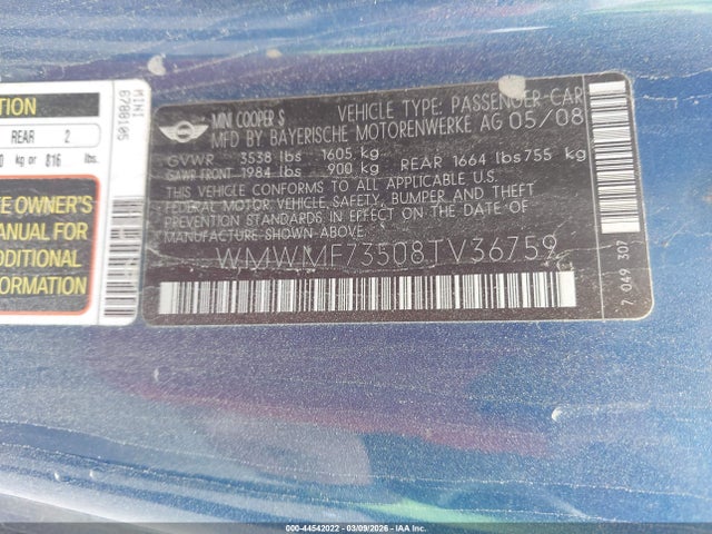 2008 MINI COOPER S WMWMF73508TV36759 Photo 8
