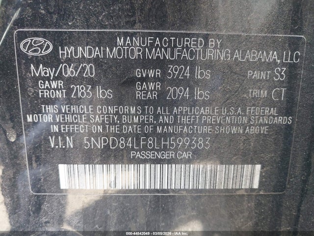 5NPD84LF8LH599383 Hyundai ELANTRA SEL