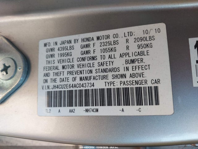 2010 Acura Tsx 2.4 მანქანა იყიდება აუქციონზე, vin: JH4CU2E64AC043734, აუქციონის ნომერი: 44542054