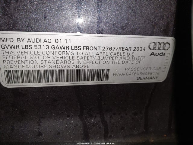 44542070 :رقم المزاد ، WAUKGAFBXBN058476 vin ، 2011 Audi A6 3.0 Premium مزاد بيع