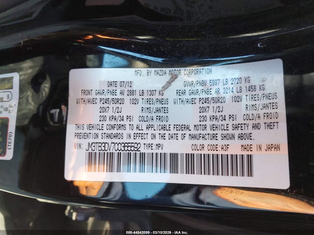 Продажа на аукционе авто 2012 Mazda Cx-9 Grand Touring, vin: JM3TB3DV7C0365592, номер лота: 44542099