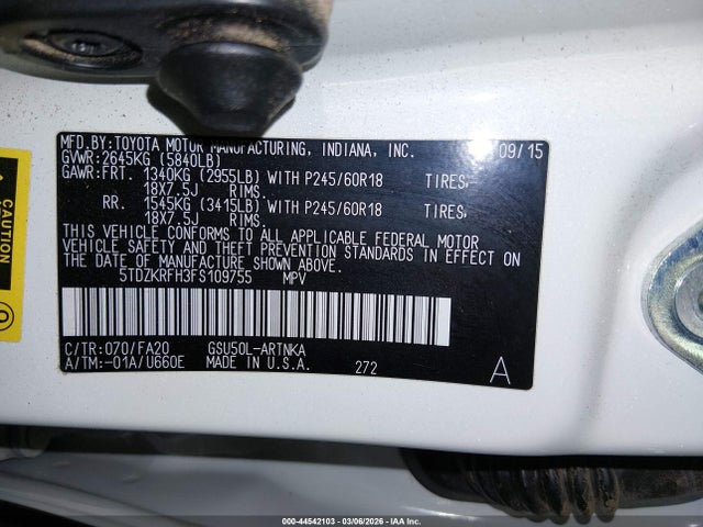 5TDZKRFH3FS109755 Toyota Highlander Le Plus V6