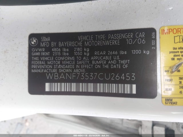 2007 Bmw 530xi მანქანა იყიდება აუქციონზე, vin: WBANF73537CU26453, აუქციონის ნომერი: 44542119