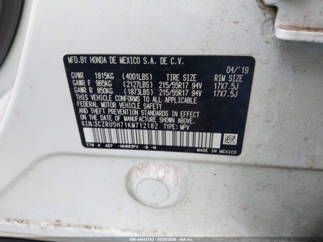 Продажа на аукционе авто 2019 Honda Hr-v Ex-l, vin: 3CZRU5H71KM712182, номер лота: 44542163