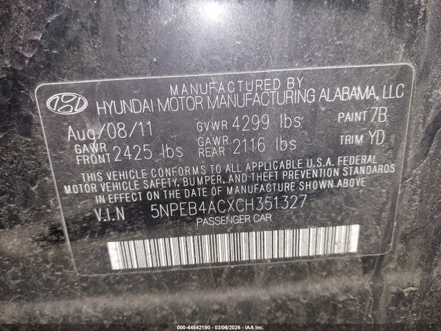 Продаж на аукціоні авто 2012 Hyundai Sonata Gls, vin: 5NPEB4ACXCH351327, номер лоту: 44542190