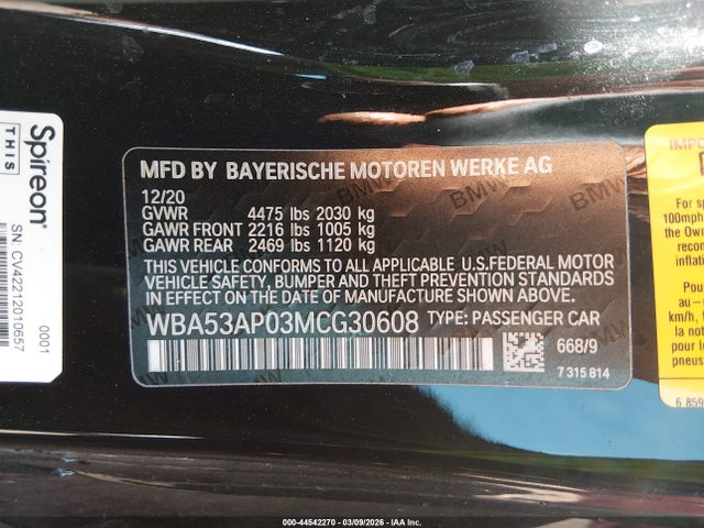 2021 Bmw 430i მანქანა იყიდება აუქციონზე, vin: WBA53AP03MCG30608, აუქციონის ნომერი: 44542270