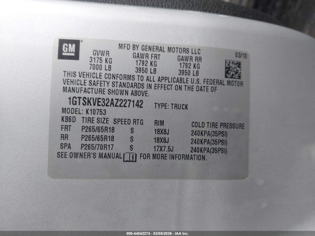44542274 :رقم المزاد ، 1GTSKVE32AZ227142 vin ، 2010 Gmc Sierra 1500 Sle مزاد بيع