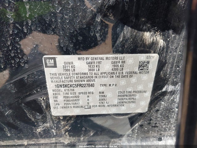 2015 Chevrolet Tahoe Ltz მანქანა იყიდება აუქციონზე, vin: 1GNSKCKC5FR227840, აუქციონის ნომერი: 44542276