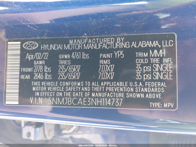 2022 Hyundai Tucson Sel მანქანა იყიდება აუქციონზე, vin: 5NMJBCAE3NH114737, აუქციონის ნომერი: 44542296