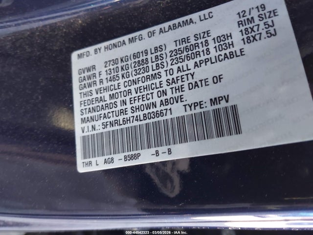 5FNRL6H74LB036671 Honda Odyssey Ex-l/ex-l W/navi Res
