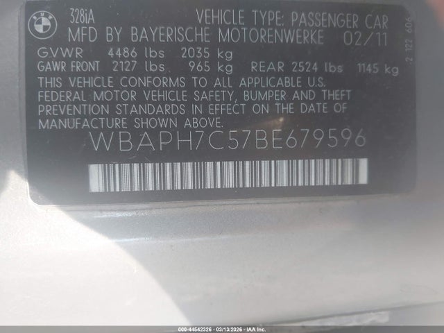 44542326 :رقم المزاد ، WBAPH7C57BE679596 vin ، 2011 Bmw 328i مزاد بيع