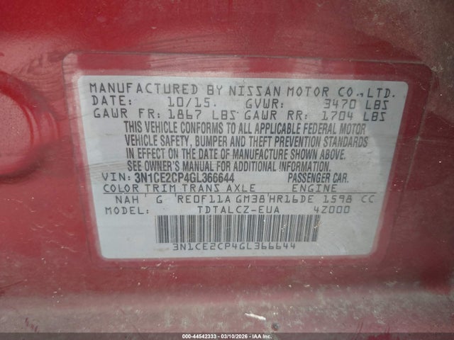 44542333 :رقم المزاد ، 3N1CE2CP4GL366644 vin ، 2016 Nissan Versa Note S Plus مزاد بيع