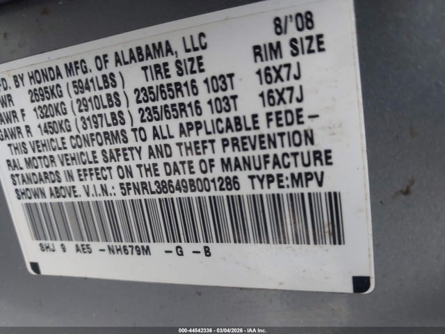 2009 HONDA ODYSSEY 5FNRL38649B001286 Photo 8