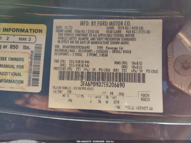 44542379 :رقم المزاد ، 3FA6P0HD2ER206690 vin ، 2014 Ford Fusion Se مزاد بيع