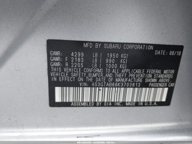 Auction sale of the 2019 Subaru Impreza 2.0i, vin: 4S3GTAB66K3703813, lot number: 44542383