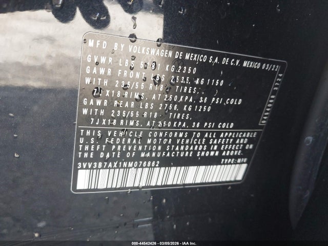 44542426 :رقم المزاد ، 3VV3B7AX1NM076862 vin ، 2022 Volkswagen Tiguan 2.0t Se مزاد بيع