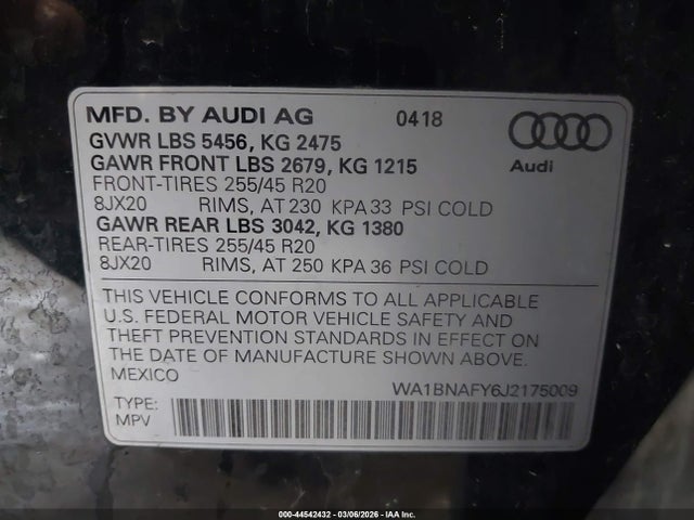 Продаж на аукціоні авто 2018 Audi Q5 2.0t Premium, vin: WA1BNAFY6J2175009, номер лоту: 44542432