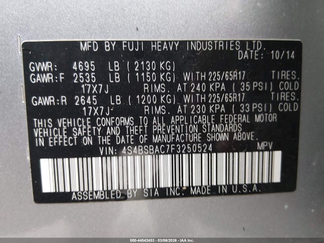 Aukcja sprzedaży 2015 Subaru Outback 2.5i, vin: 4S4BSBAC7F3250524, numer aukcji: 44542453