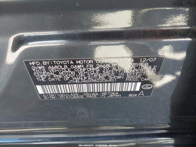 Aukcja sprzedaży 2008 Lexus Es 350, vin: JTHBJ46G982206451, numer aukcji: 44542475