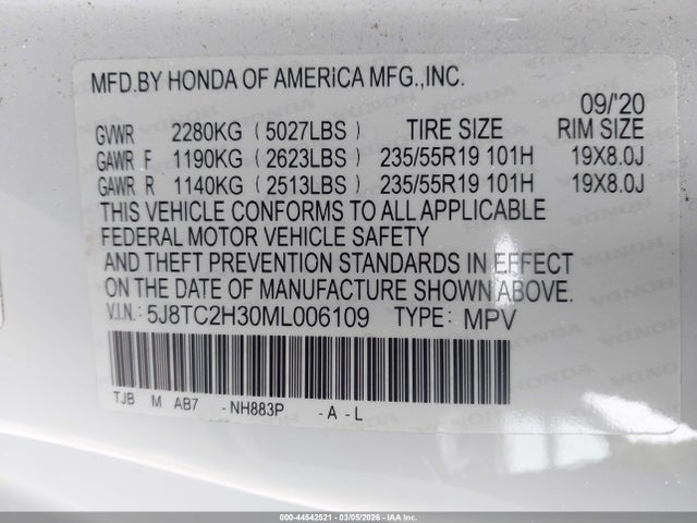 2021 Acura Rdx Standard მანქანა იყიდება აუქციონზე, vin: 5J8TC2H30ML006109, აუქციონის ნომერი: 44542521