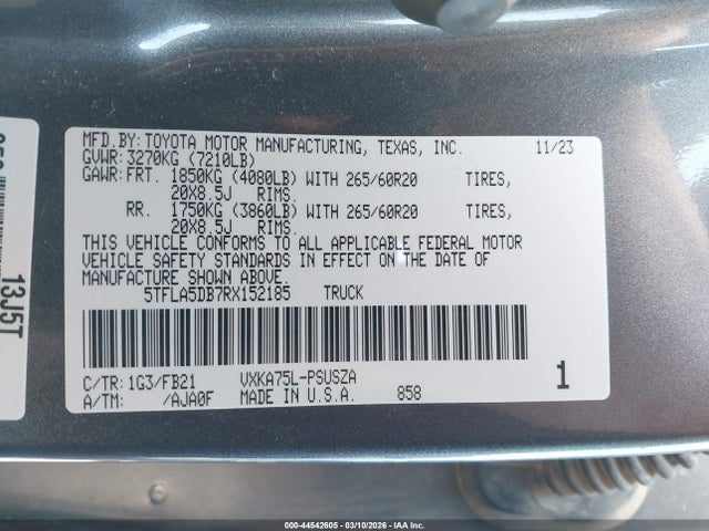 2024 Toyota Tundra Sr5 მანქანა იყიდება აუქციონზე, vin: 5TFLA5DB7RX152185, აუქციონის ნომერი: 44542605