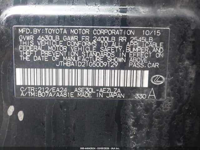 2016 Lexus Is 200t მანქანა იყიდება აუქციონზე, vin: JTHBA1D21G5009129, აუქციონის ნომერი: 44542624