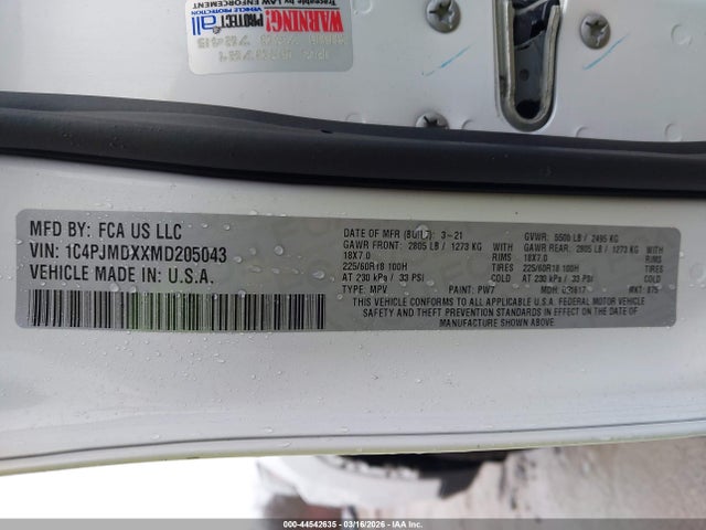 44542635 :رقم المزاد ، 1C4PJMDXXMD205043 vin ، 2021 Jeep Cherokee Limited 4x4 مزاد بيع