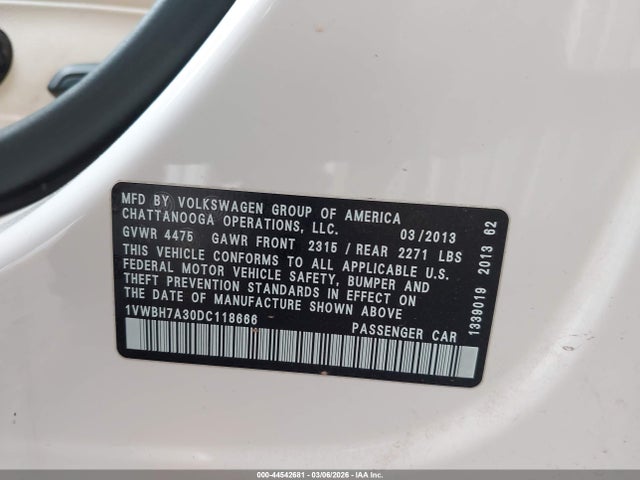 Продаж на аукціоні авто 2013 Volkswagen Passat 2.5l Se, vin: 1VWBH7A30DC118666, номер лоту: 44542681