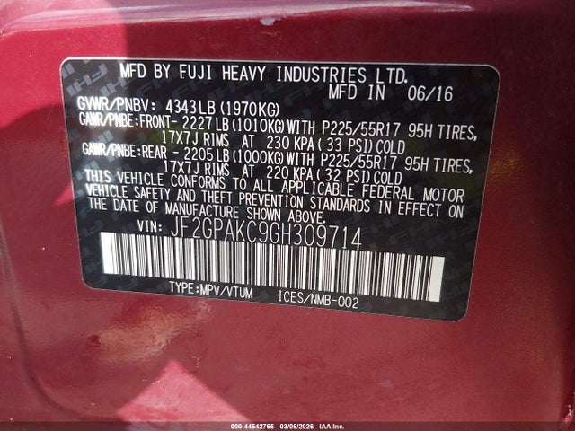 44542765 :رقم المزاد ، JF2GPAKC9GH309714 vin ، 2016 Subaru Crosstrek 2.0i Limited مزاد بيع