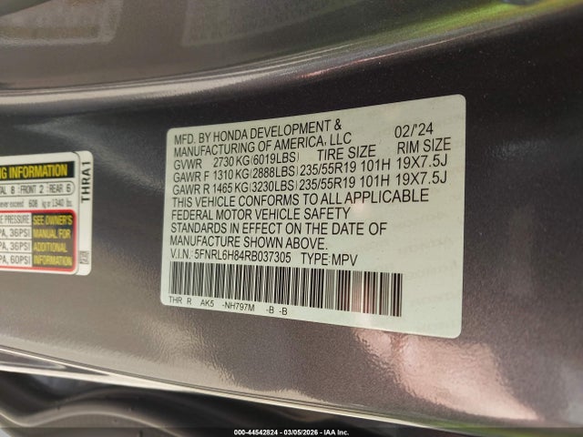 Aukcja sprzedaży 2024 Honda Odyssey Touring, vin: 5FNRL6H84RB037305, numer aukcji: 44542824