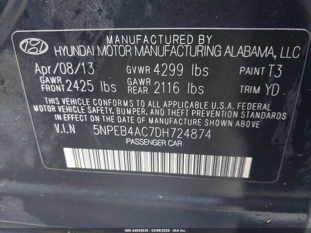 Aukcja sprzedaży 2013 Hyundai Sonata Gls, vin: 5NPEB4AC7DH724874, numer aukcji: 44542836