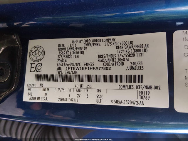 44542874 :رقم المزاد ، 1FTEW1EF1HFA77802 vin ، 2017 Ford F-150 Xlt مزاد بيع