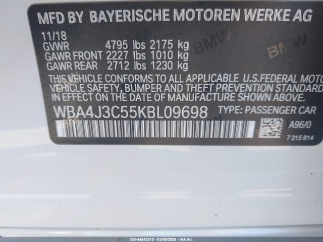 Aukcja sprzedaży 2019 Bmw 430i Gran Coupe Xdrive, vin: WBA4J3C55KBL09698, numer aukcji: 44542910