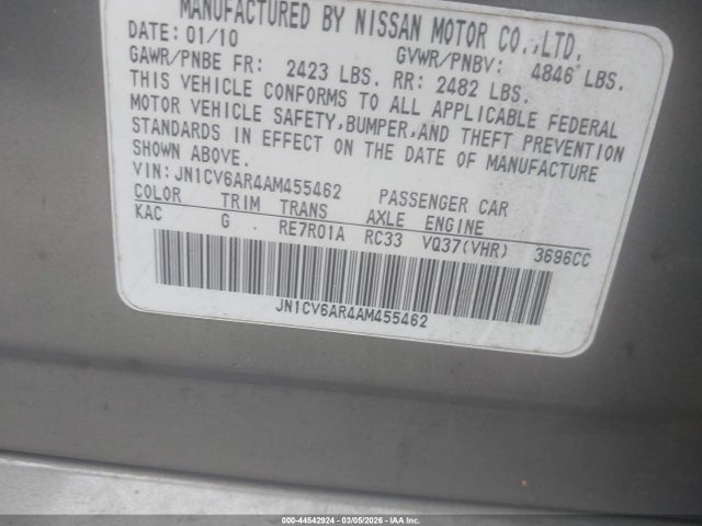 2010 Infiniti G37x მანქანა იყიდება აუქციონზე, vin: JN1CV6AR4AM455462, აუქციონის ნომერი: 44542924