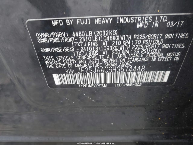 44542941 :رقم المزاد ، JF2SJAAC6HG574448 vin ، 2017 Subaru Forester 2.5i مزاد بيع