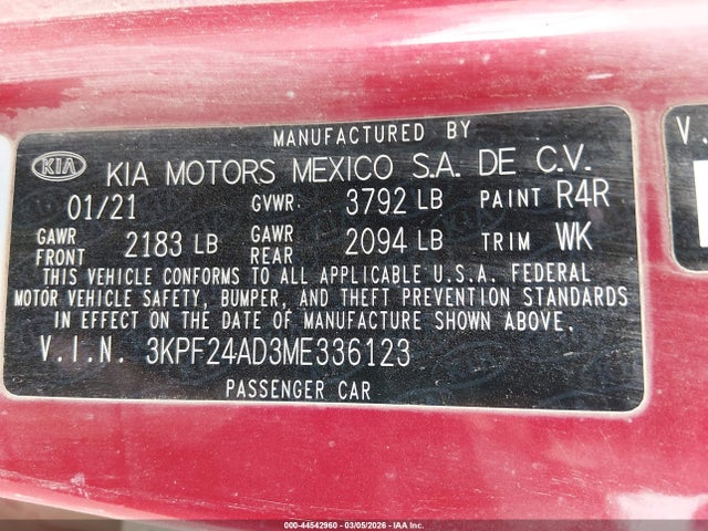 Продажа на аукционе авто 2021 Kia Forte Lxs, vin: 3KPF24AD3ME336123, номер лота: 44542960