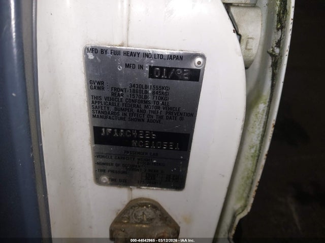 44542965 :رقم المزاد ، JF1AC4226NC210521 vin ، 1992 Subaru Loyale مزاد بيع
