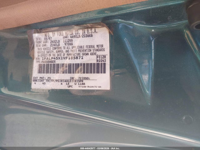 44542977 :رقم المزاد ، 1FALP45X1VF185871 vin ، 1997 Ford Mustang Gt مزاد بيع