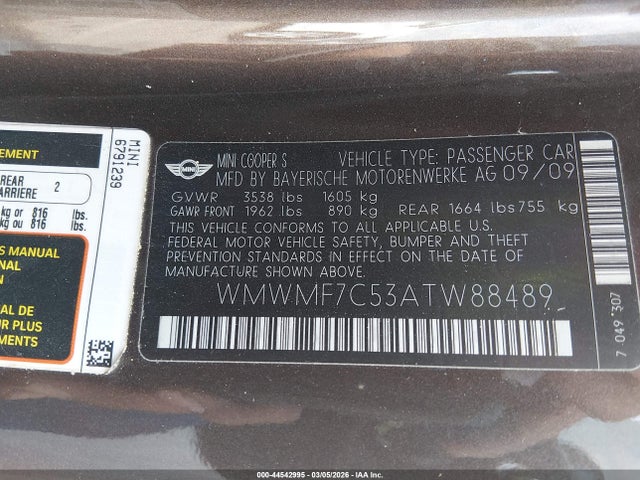 44542995 :رقم المزاد ، WMWMF7C53ATW88489 vin ، 2010 Mini Cooper S مزاد بيع
