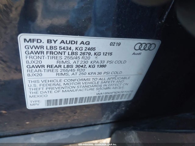 2019 Audi Q5 45 Premium მანქანა იყიდება აუქციონზე, vin: WA1BNAFY2K2070470, აუქციონის ნომერი: 44543006