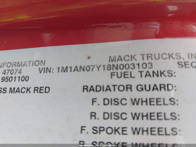 Продаж на аукціоні авто 2008 Mack 600 Chu600, vin: 1M1AN07Y18N003103, номер лоту: 44543014