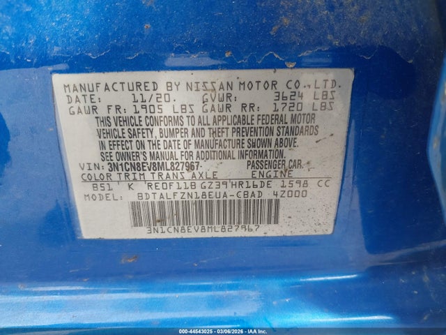 2021 Nissan Versa Sv Xtronic Cvt მანქანა იყიდება აუქციონზე, vin: 3N1CN8EV8ML827967, აუქციონის ნომერი: 44543025