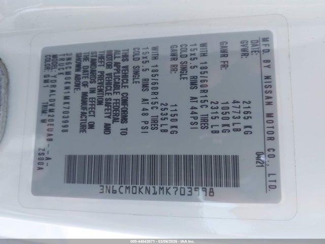 3N6CM0KN1MK703998 Nissan Nv200 Cargo S Xtronic Cvt