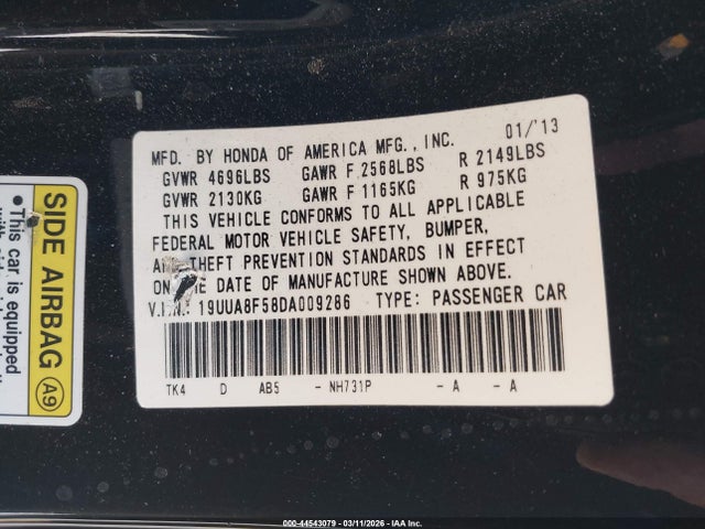 44543079 :رقم المزاد ، 19UUA8F58DA009286 vin ، 2013 Acura Tl 3.5 مزاد بيع